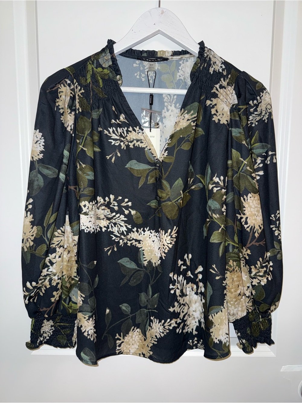 Tahari Black Floral V-Neck Smocked Long-Sleeve Blouse with Cream & Green Print